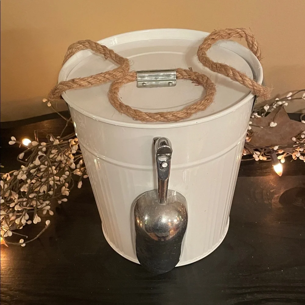 West Elm Chic White Ice Bucket with Rope Handle and Galvanized Scoop